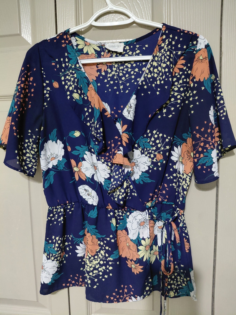 Floral Wrap Blouse - Navy with Peach & White Flowers